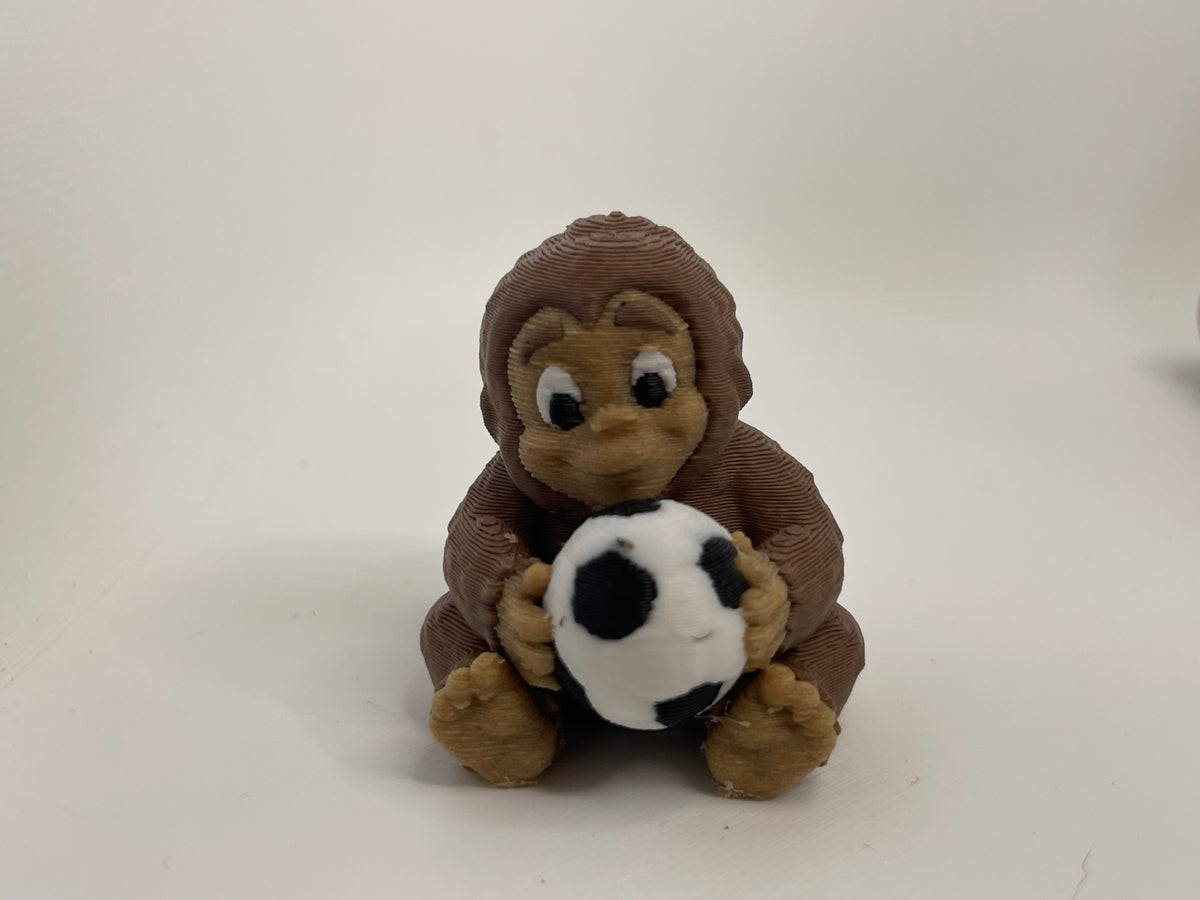 Brown and cream monkey holding a soccer ball