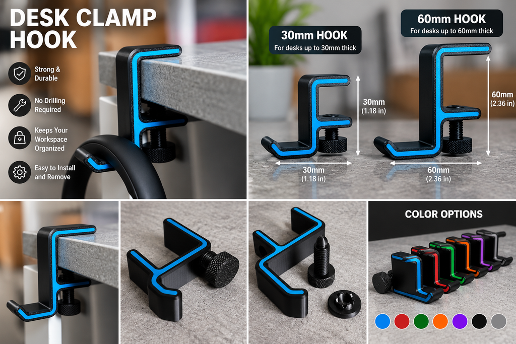 Adjustable Desk Clamp Headphone & Accessory Hook – 30mm & 60mm