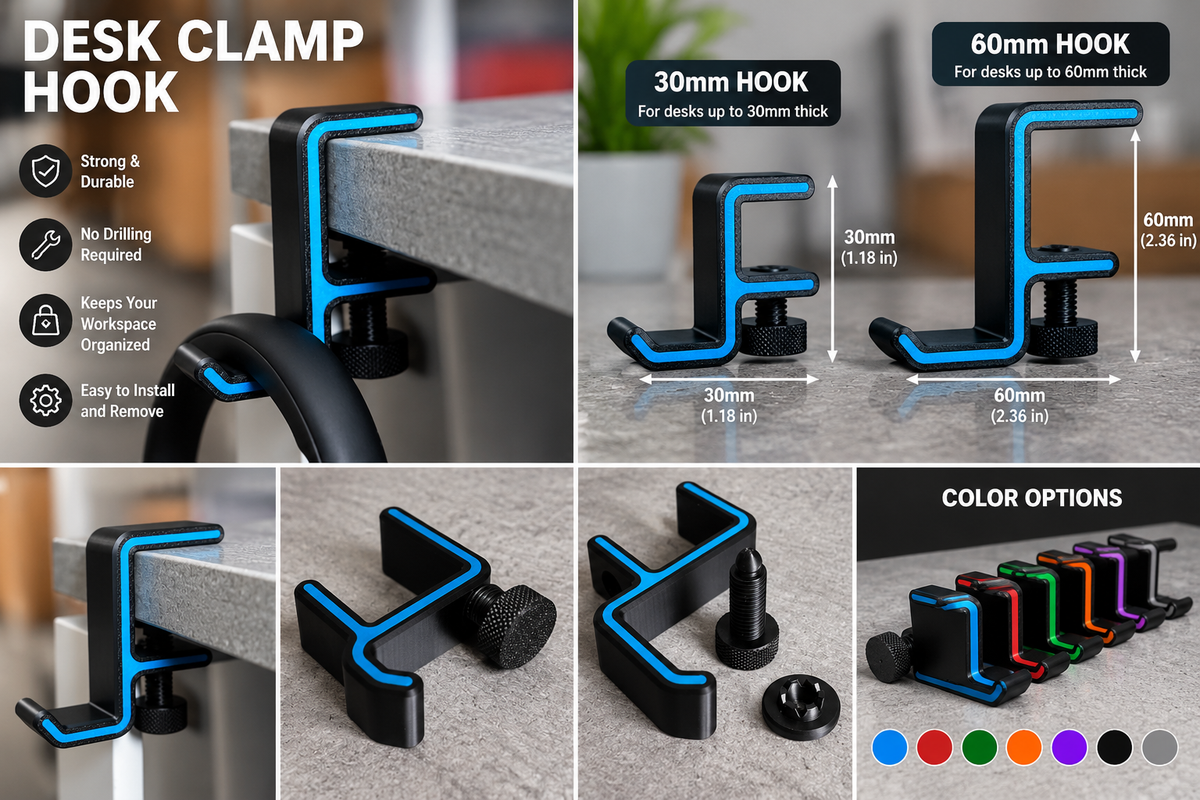 Adjustable Desk Clamp Headphone & Accessory Hook – 30mm & 60mm